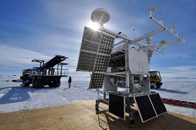 COSI mounted on the gondola of a high-altitude balloon. The semispherical device at the top center of the photo is an iridium satellite antenna.