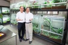 
Prof. Li Chia-wei (right) of the Department of Life Sciences at the Frog House, set up with generous support from Alumni Association president Tsai Jinbu (left).