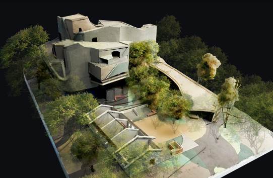 The design of the new building incorporates an old house and the surrounding trees.