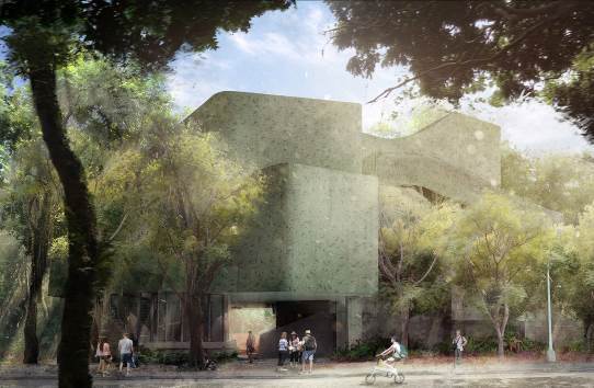 Huang adopted a rustic low-rise design which incorporates such eco-friendly materials as recycled glass and washed stone.
