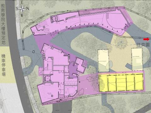 In combination with the existing old house (yellow), the new building (purple) will form a U-shape.