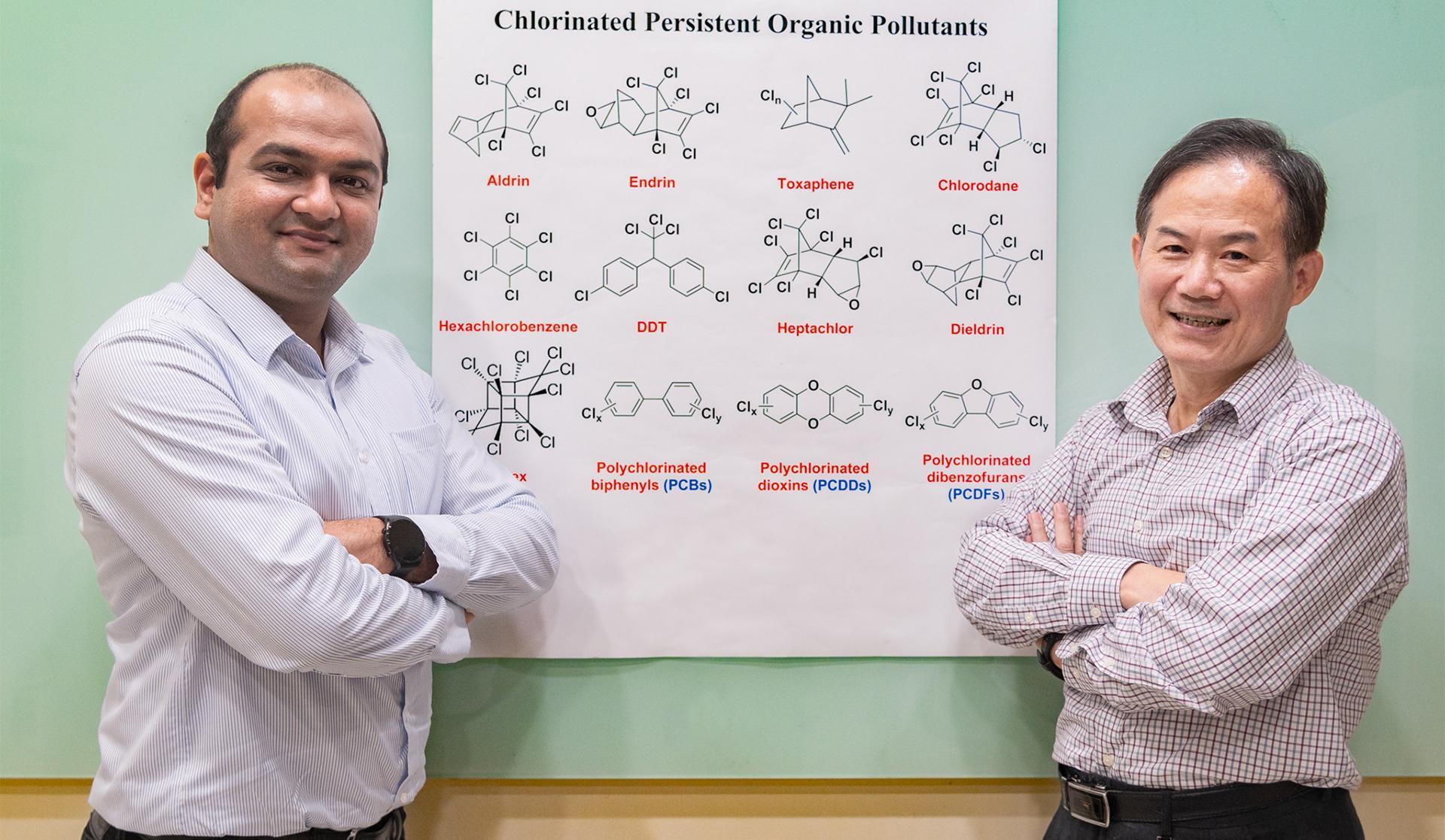 NTHU Distinguished professor Kuo Chu Hwang (黃國柱) (right) and postdoctoral researcher Vaibhav Pramod Charpe have developed a method to successfully decompose persistent organic pollutants (POPs) such as dioxins.