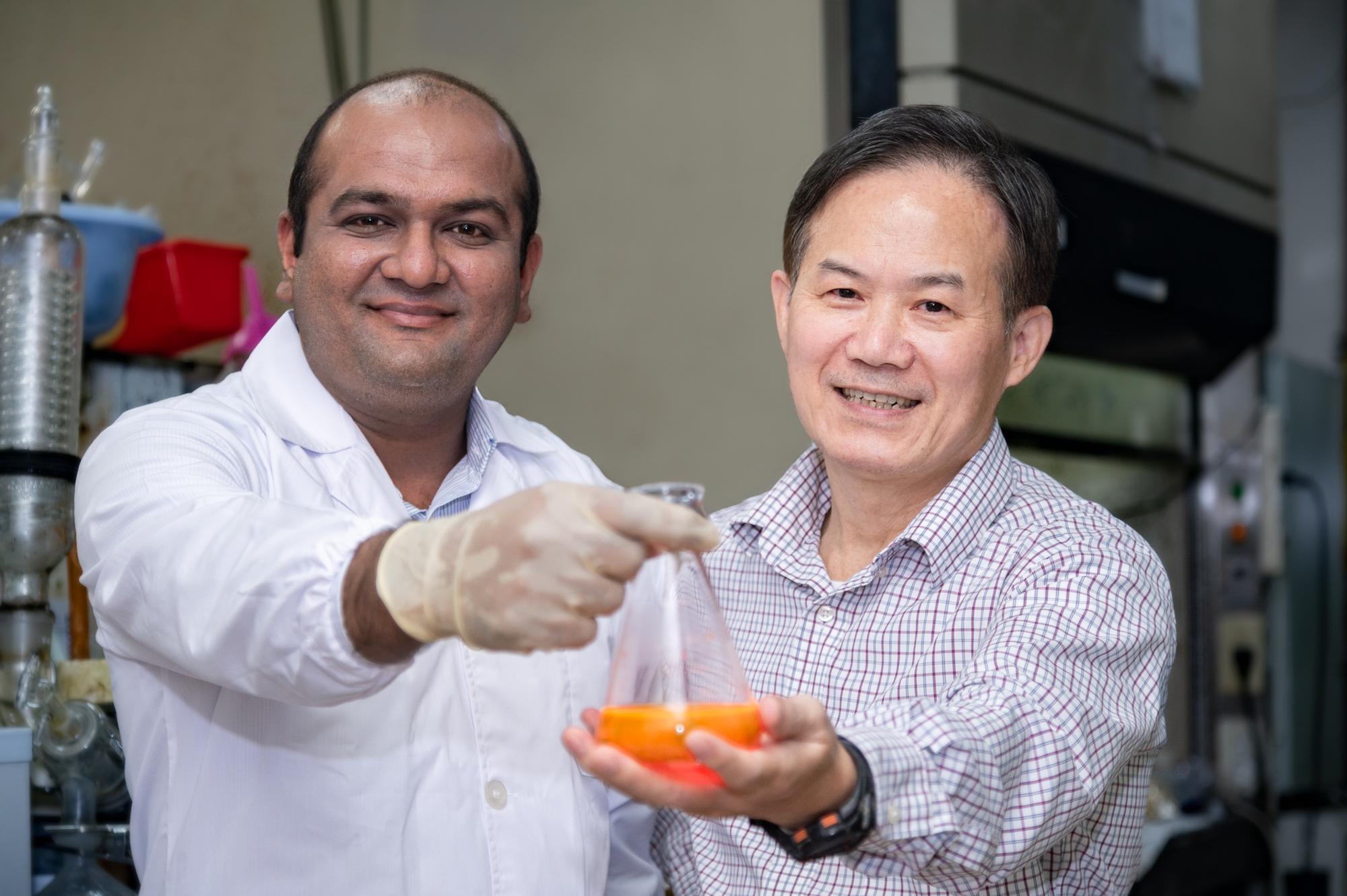 NTHU Distinguished professor Kuo Chu Hwang (黃國柱) (right) and postdoctoral researcher Vaibhav Pramod Charpe decompose persistent organic pollutants (POPs) such as dioxins.
