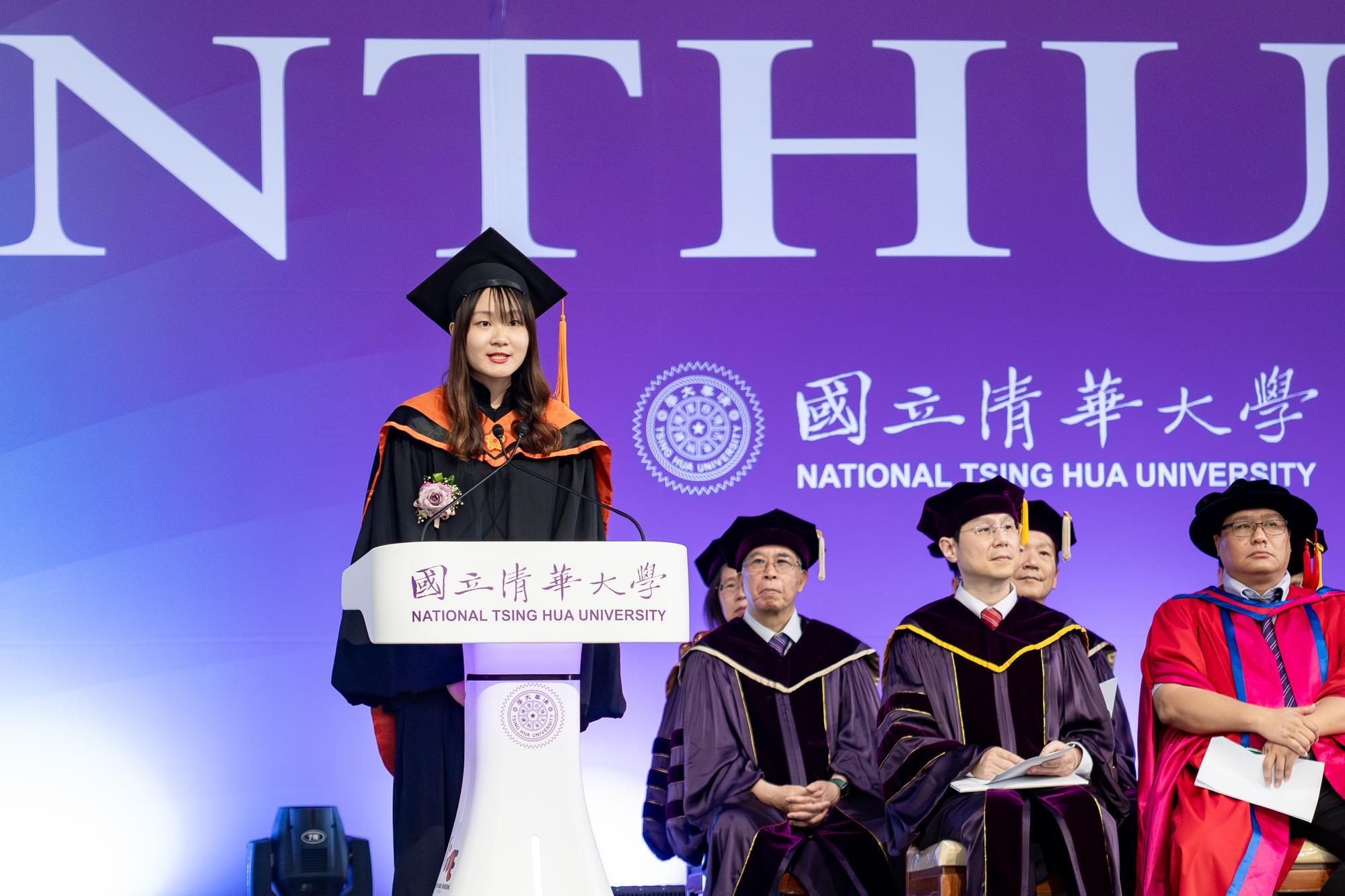 Graduate student representative Chuang Chuan (莊荃) from the Department of Materials Science Engineering urged her peers to persevere and surpass their previous records.