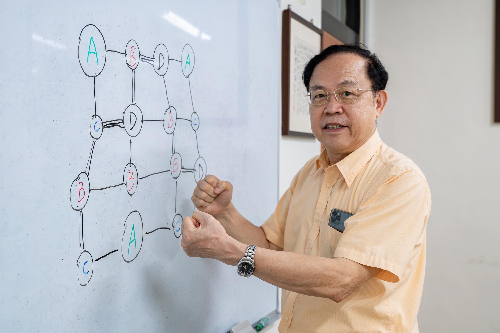 Jien-Wei Yeh (葉均蔚) using a diagram to explain the lattice-distortion effect of a high-entropy alloy.