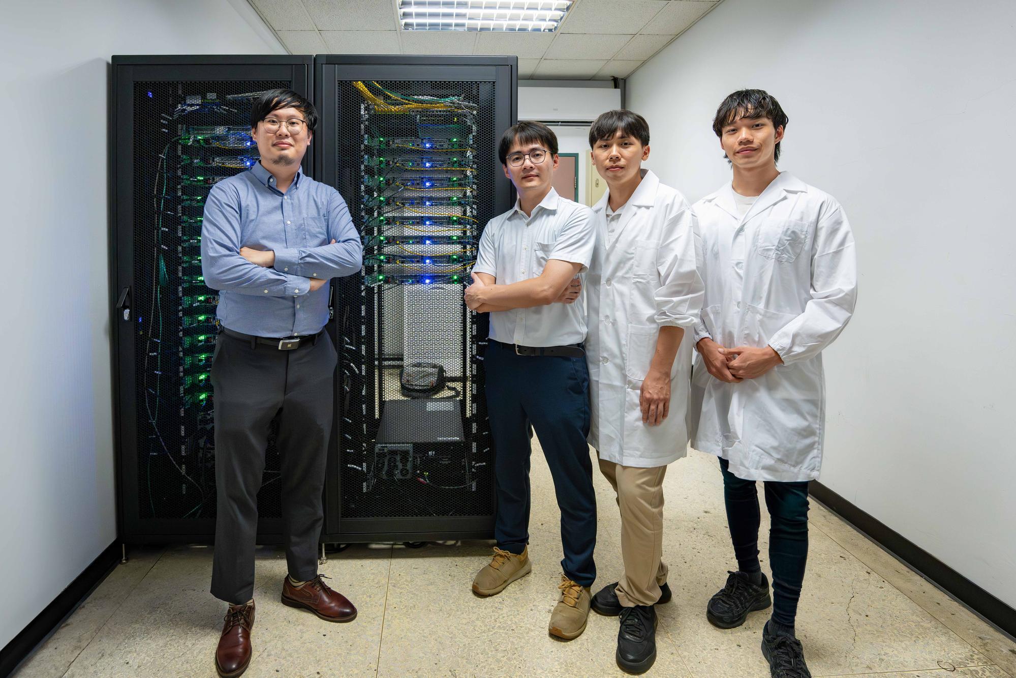 Team members (left to right) Kun-Han Lin (林昆翰), Tung-Han Yang (楊東翰), Zheng-Yu Wu (伍政宇), and master's student Yi Chen (陳奕).