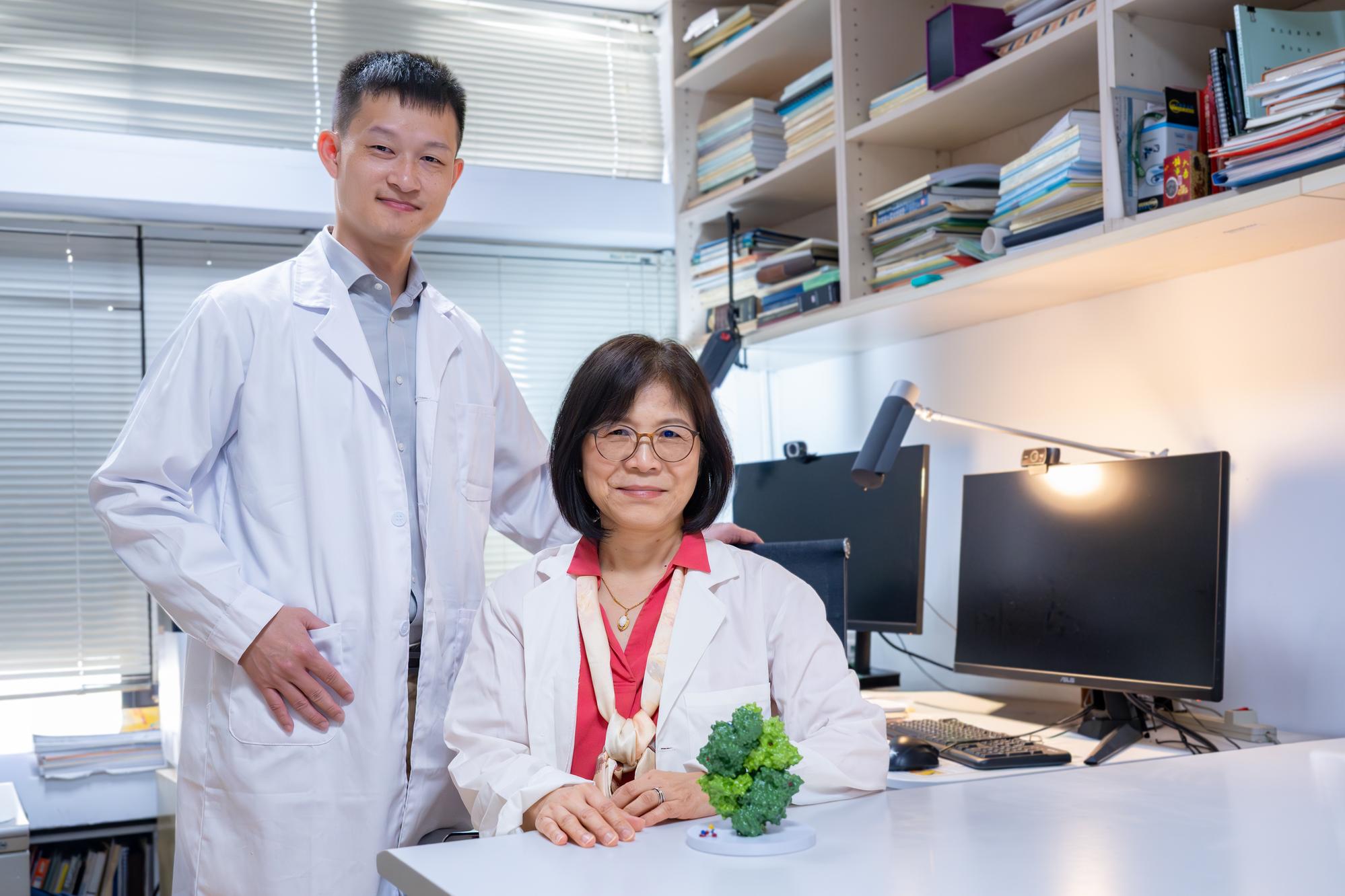 Professor Wen-Ching Wang (王雯靜, right) and postdoctoral researcher Tsan-Jan Chen (陳粲然) from NTHU's Department of Life Science present their latest finding, in which they successfully resolved the three-dimensional structure of pyruvate kinase M2 (PKM2) bound to glutathione (GSH), revealing a key vulnerability in cancer cells.