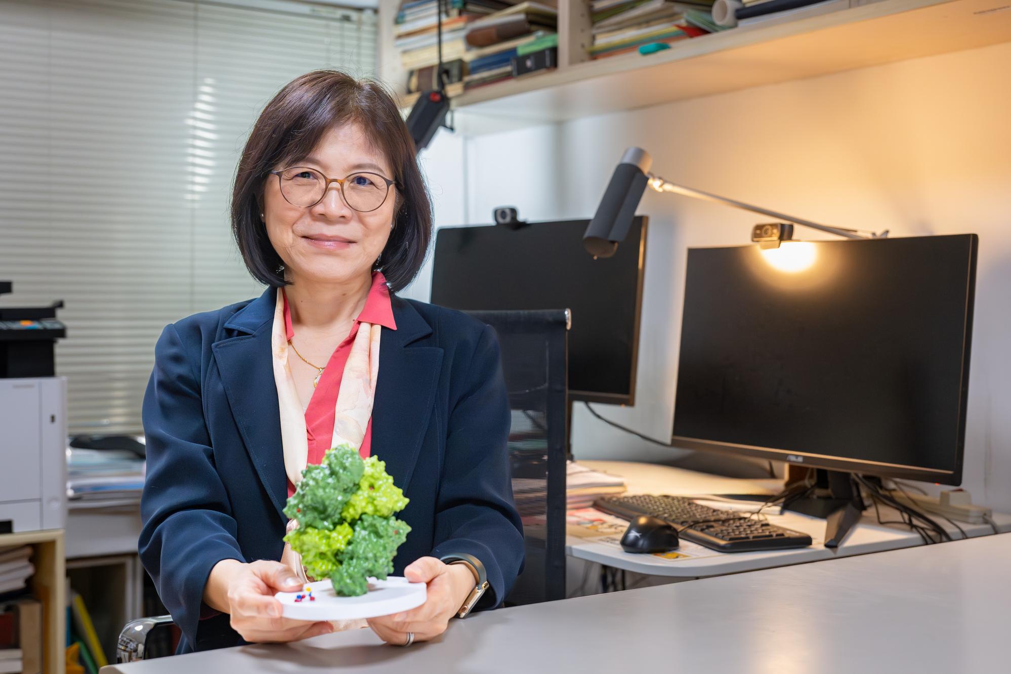 Professor Wen-Ching Wang (王雯靜) presents a protein structure model from the study, highlighting the team's breakthrough in revealing how a critical 