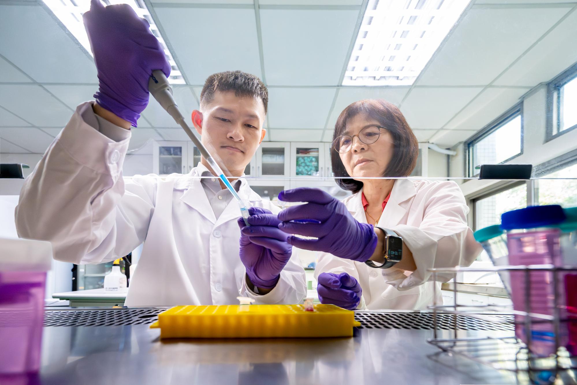 Professor Wen-Ching Wang (王雯靜, right) and postdoctoral researcher Tsan-Jan Chen (陳粲然) combined multiple research approaches to elucidate, for the first time, the operational mechanism of a 