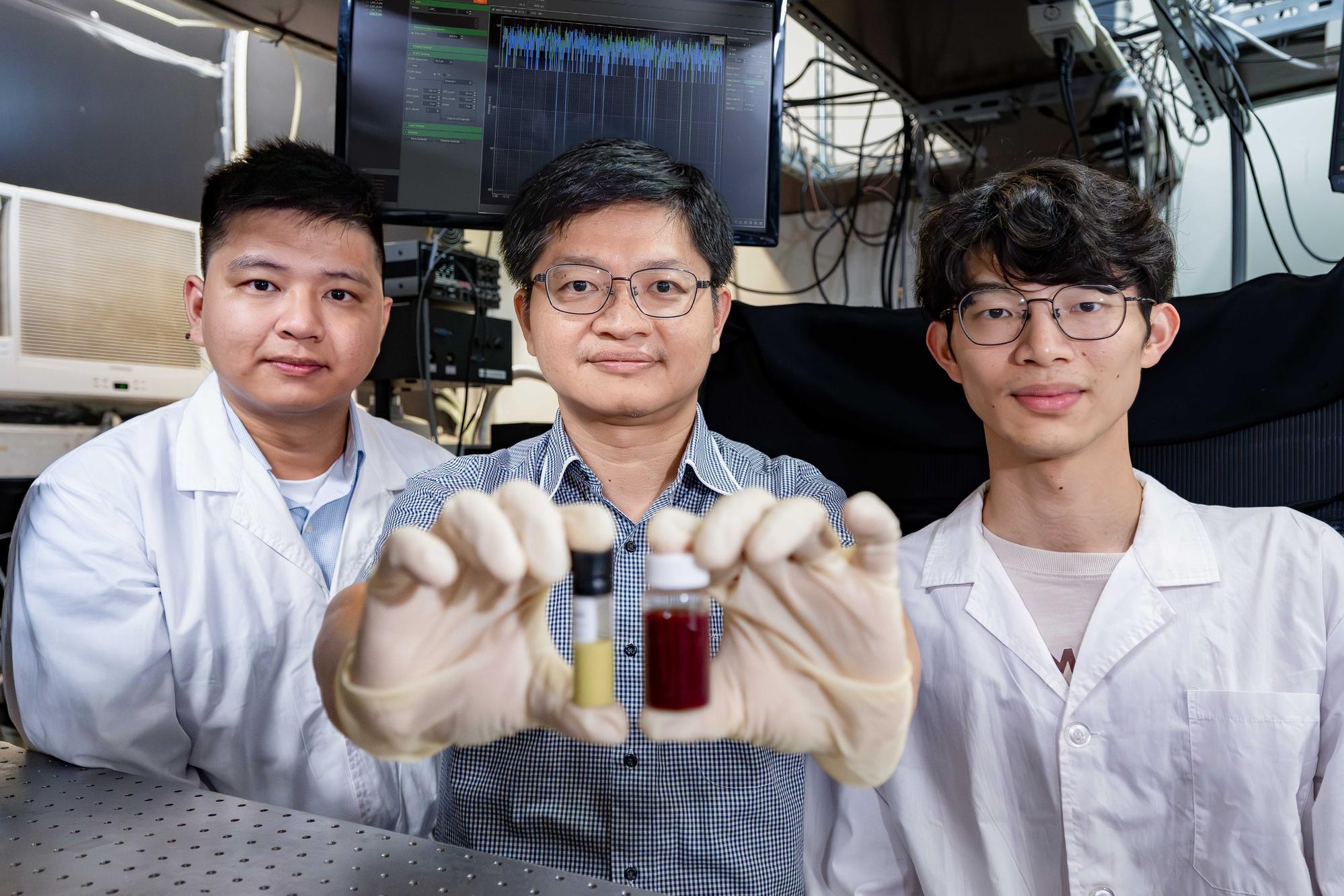 Professor Hao-Wu Lin (center), doctoral student Tzu-Hao Liao (right), and Dr. Yung-Tang Chuang (left) developed the world's brightest room-temperature single-photon source by combining perovskite quantum dots with silver nanocubes.