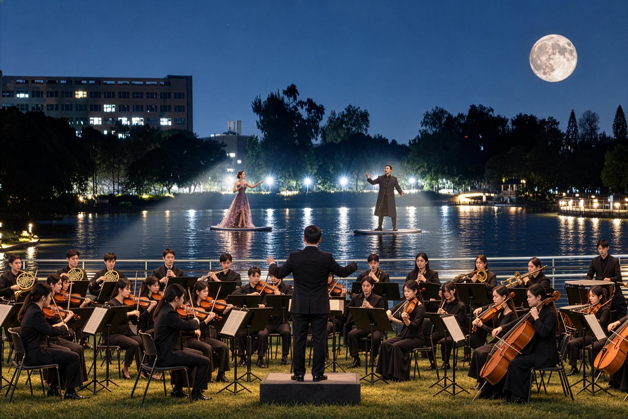 Concept image of Finale: A Starry Night by the Lake on October 3, featuring vocalists performing on stand-up paddleboards (SUPs) as they paddle out onto Lake Success.