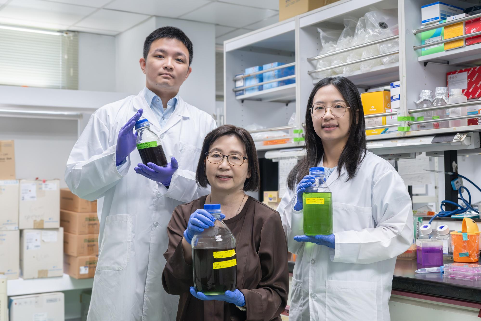 Professor Linyi Chen (center) and doctoral students Yi Wang (left) and Wen-Ling Liao (right) hold samples of an extract from Monstera epipremnoides leaves.