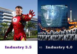 Poster illustrating his manufacturing strategy, Industry 3.5 as iron man versus Industry 4.0 as robots.