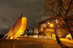 
Leaf illuminated at night, with the TSMC Building in the background.
