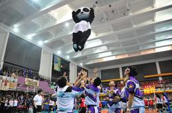 
The NTHU mascot being tossed up by the cheerleading squad.