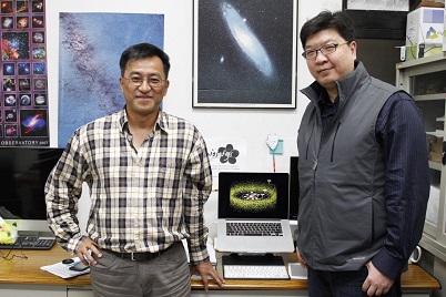 Professor Chang Hsiang-Kuang (left) of NTHU’s Institute of Astronomy with his Ph.D. student Liu Zhiyuan. Working in cooperation with the Paris Observatory, a research team headed by Chang has discovered 13 miniature TNOs.