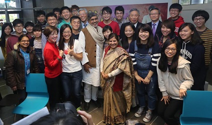 Mr. and Mrs. Satyarthi with members of NTHU’s International Volunteer Society and Ms. Sophie Chang, .