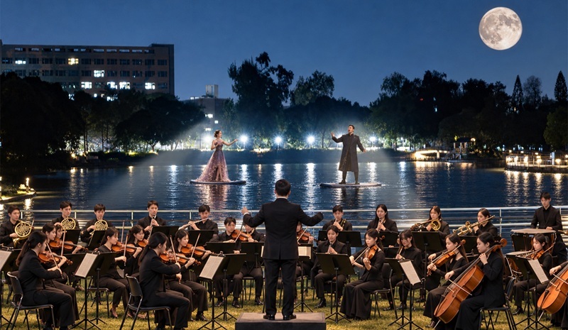 Concept image of Finale: A Starry Night by the Lake on October 3, featuring vocalists performing on stand-up paddleboards (SUPs) as they paddle out onto Lake Success.